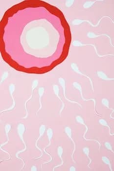 Creative abstract illustration depicting sperm swimming towards an egg on a pink background.