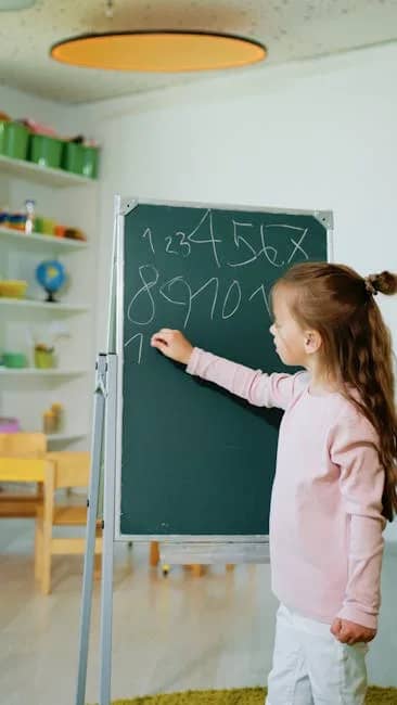 A girl engaging in educational learning by writing numbers on a chalkboard in a classroom.