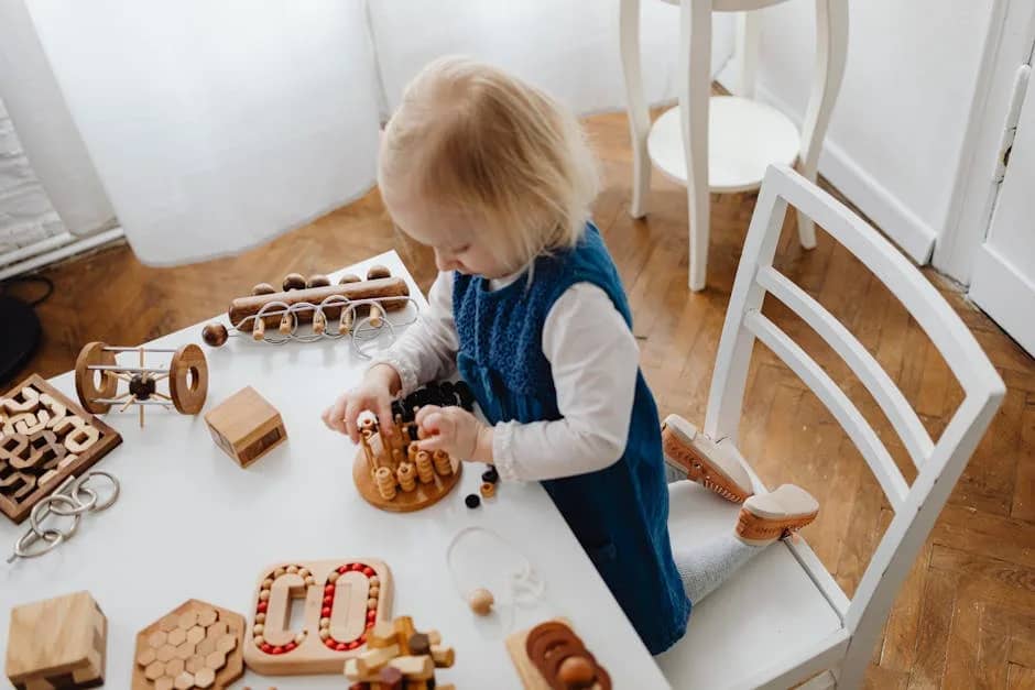 Young child engaged with educational Montessori toys on a table, enjoying creative play indoors.